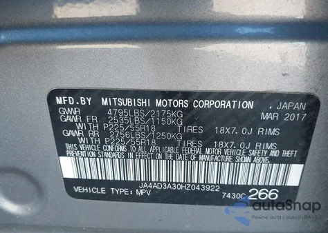 2017 Mitsubishi Outlander Se из США, поврежденный, VIN JA4AD3A30HZ043922